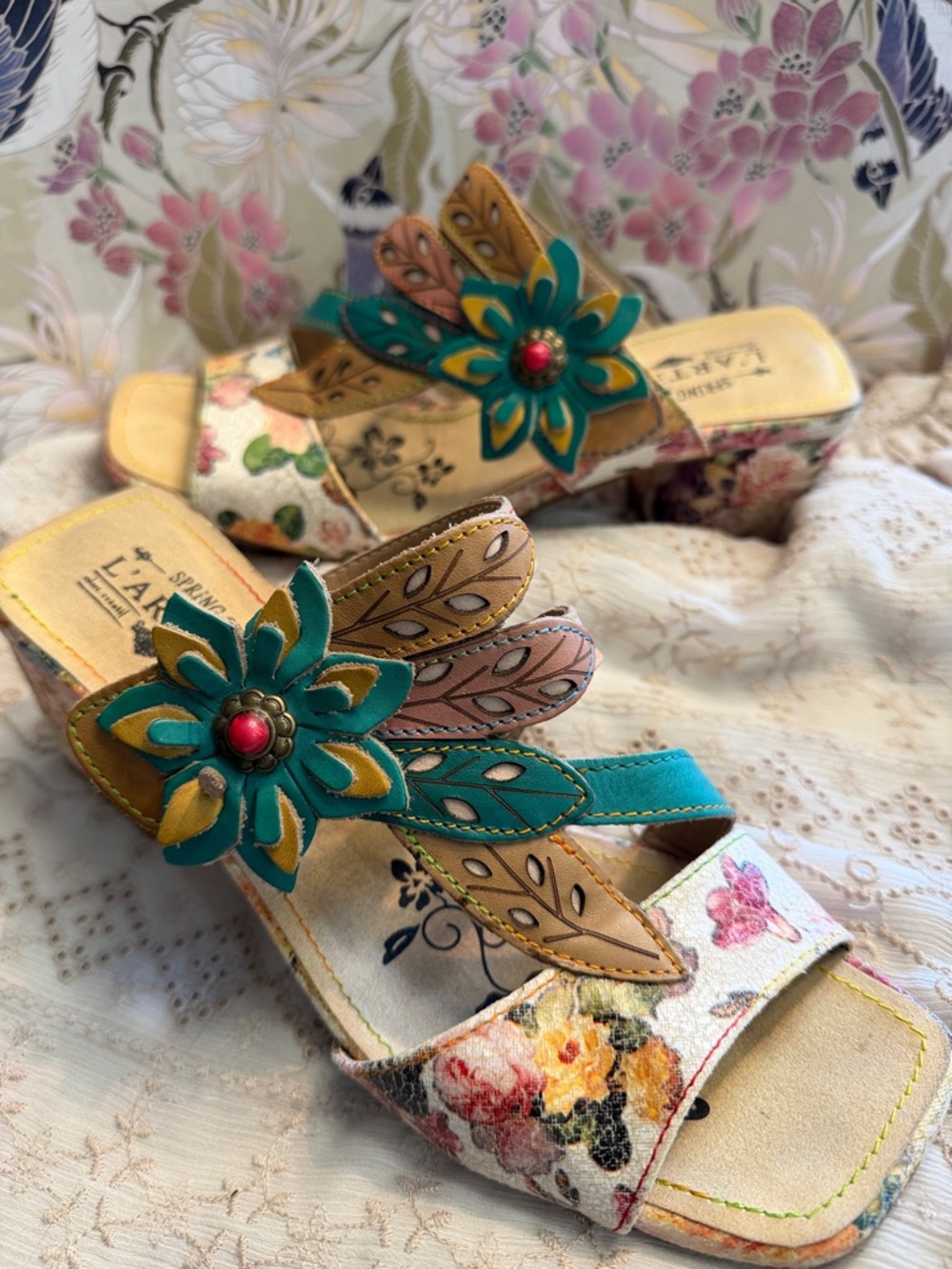 L'ATISTE Teal Floral Appliqué Leather Slide Sandals - Teal, Brown & Multicolor